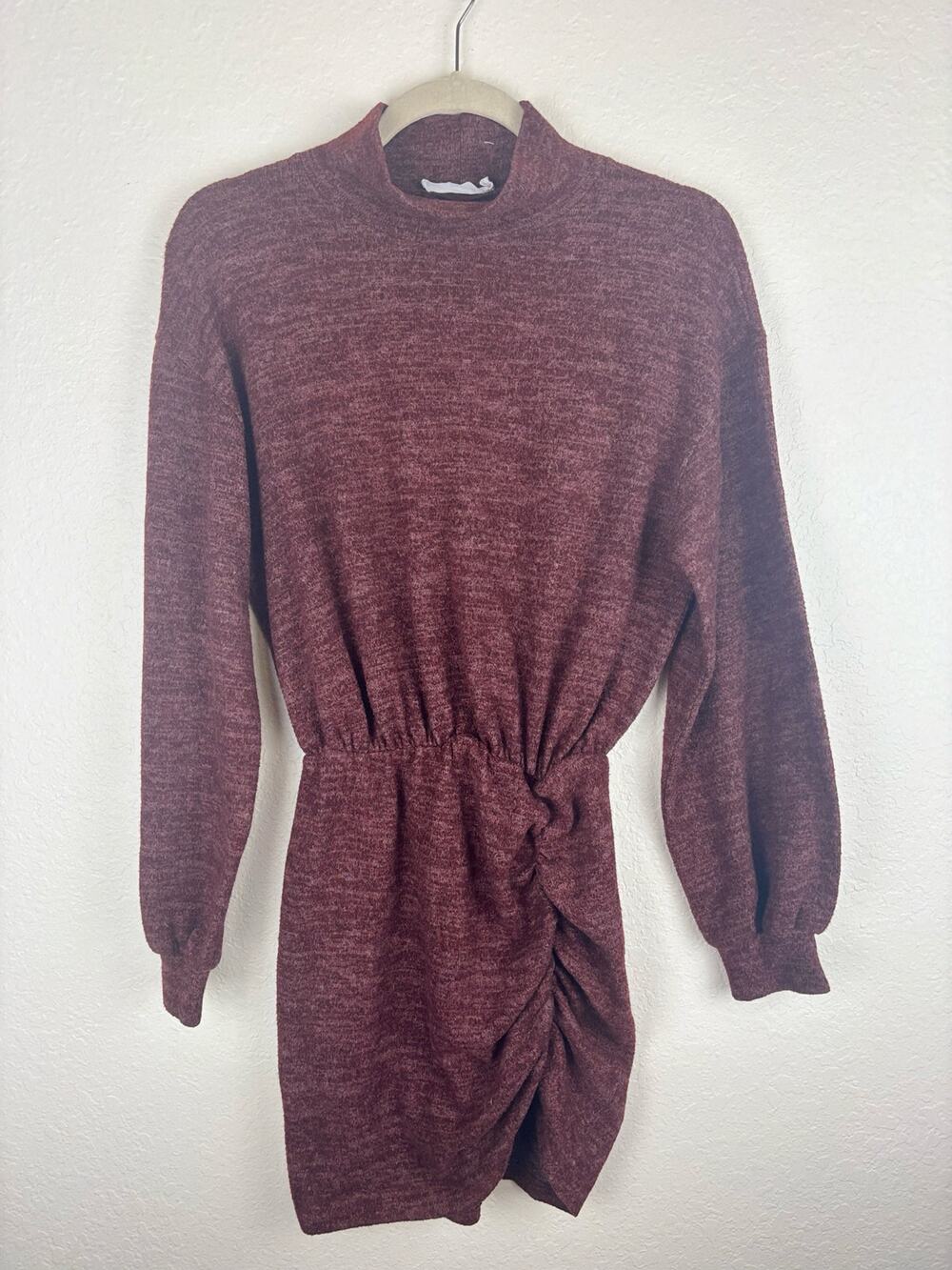 Lush Burgundy Sweater Sweatshirt Dress with Mock Neck and Ruching Detail Size M